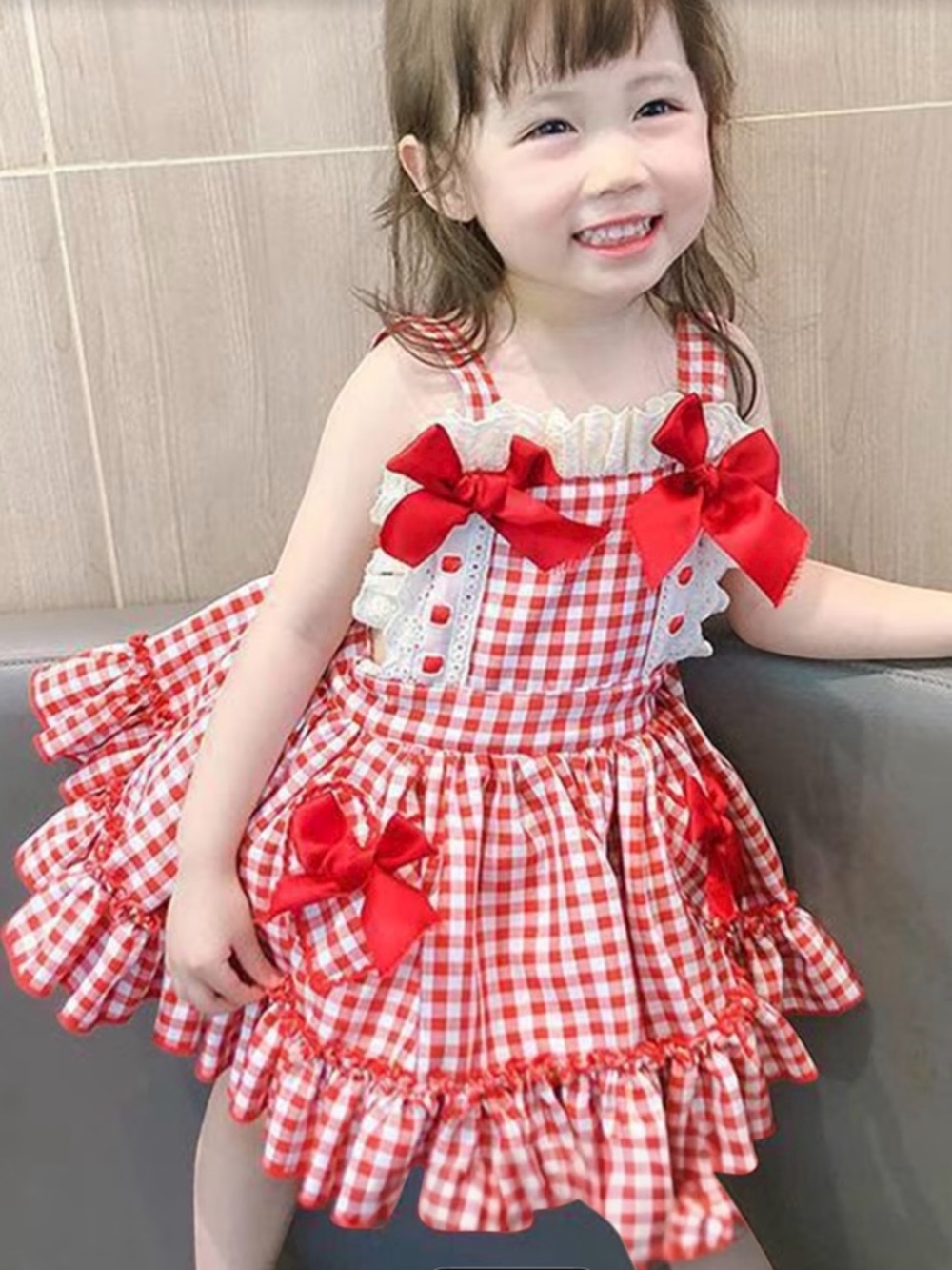 Red Gingham Ruffle Dress with Bows